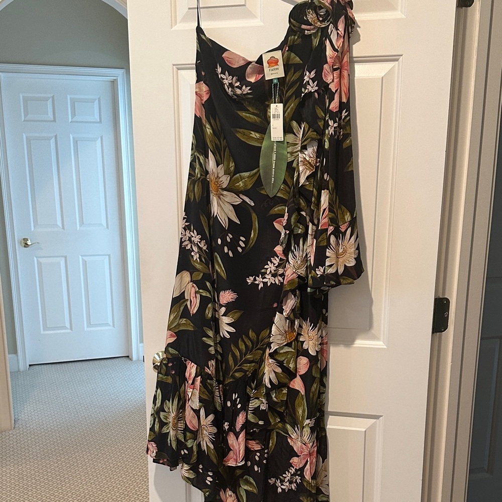 Farm Rio Black Surreal Flowers One Shoulder Maxi Dress